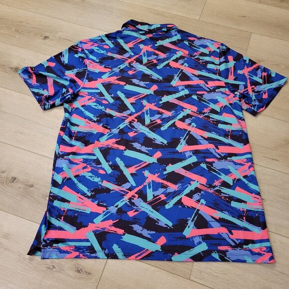 YATTA Golf Performance Polo Shirt Mens XL Blue Pink Green Line Splatter Print - Picture 5 of 5